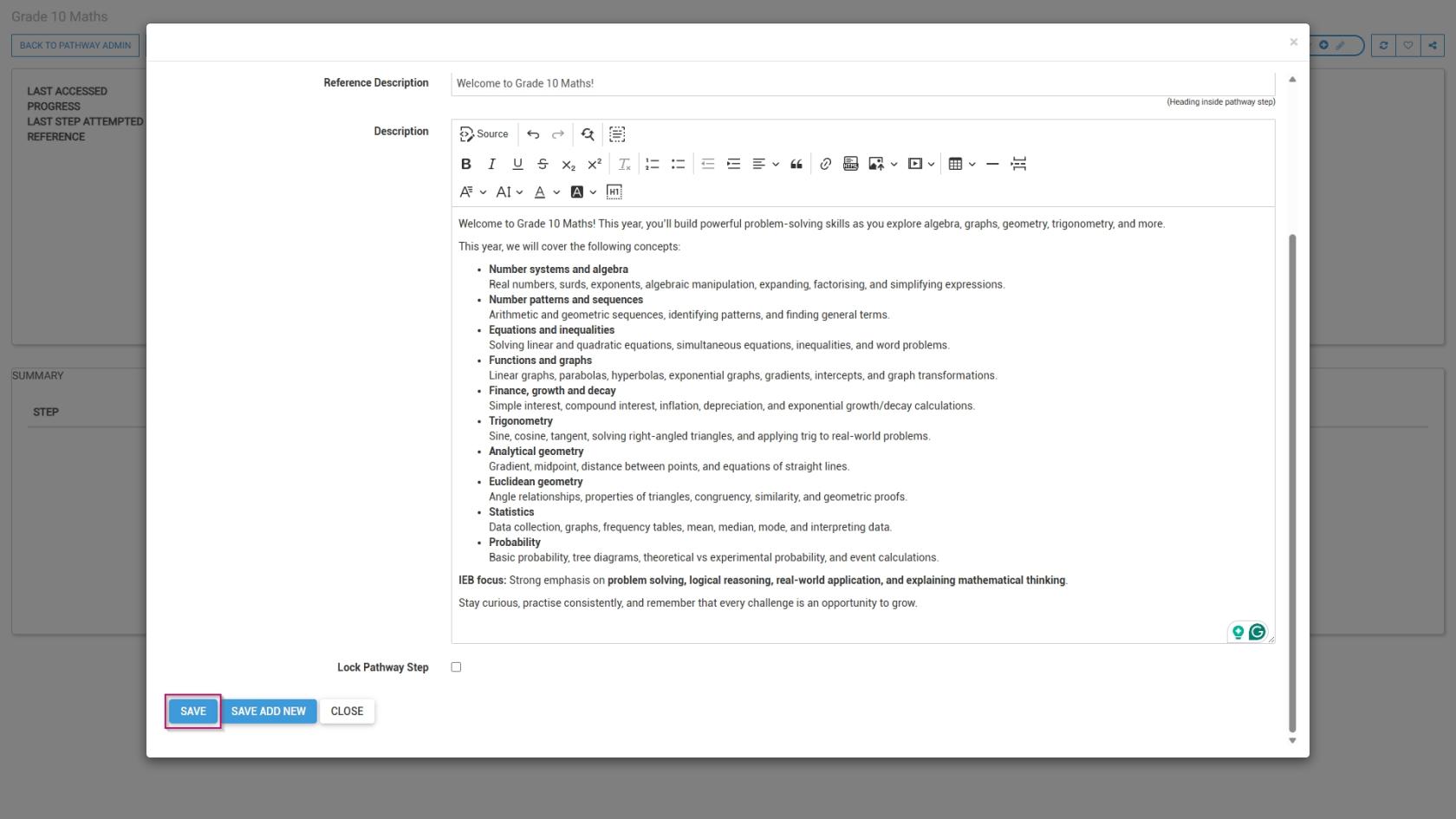 LM OS Build Pathways - Manage eLearning Library - Design pathway - Add step - Comment save.jpg